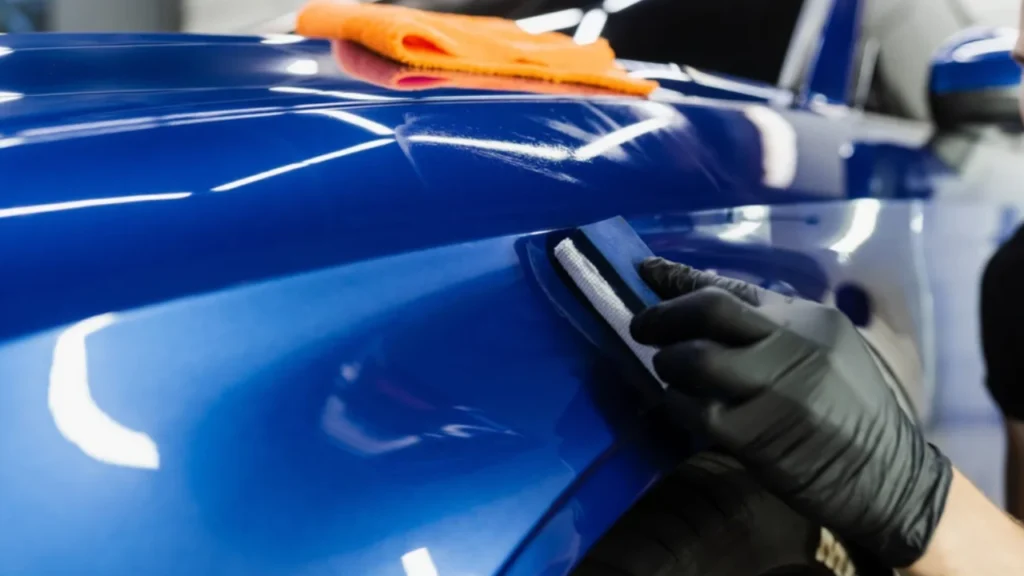 a car detailer applies ceramic coating on a blue-coloured car