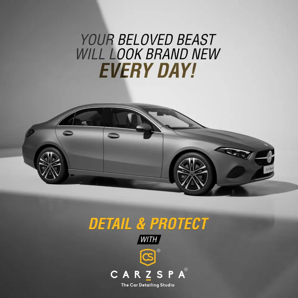 A realistic graphic design banner portraying a luxury car and text that reads Your beloved beast will look brand new every day! Detail & Protect with CarzSpa