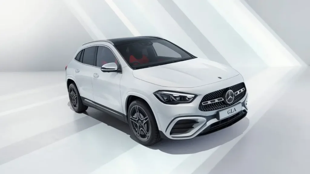 An Image of a white Mercedes-Benz GLA parked indoors