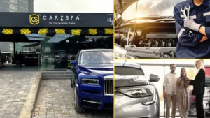 A collage of a car detailing studio, a car workshop and a car dealership