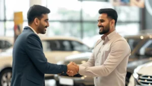 An Indian man shakes hands with a car dealership owner