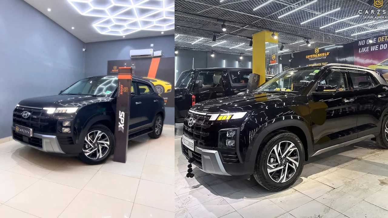 A collage of two images of a black Hyundai Creta parked indoors